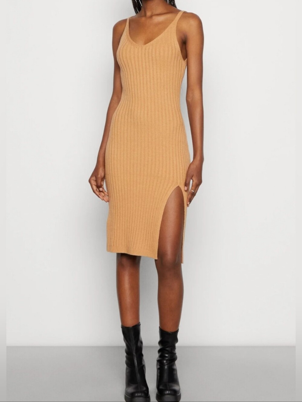 Hollister Ribbed Knit V-Neck Midi Dress Side Slit Large Fall Neutral Tan